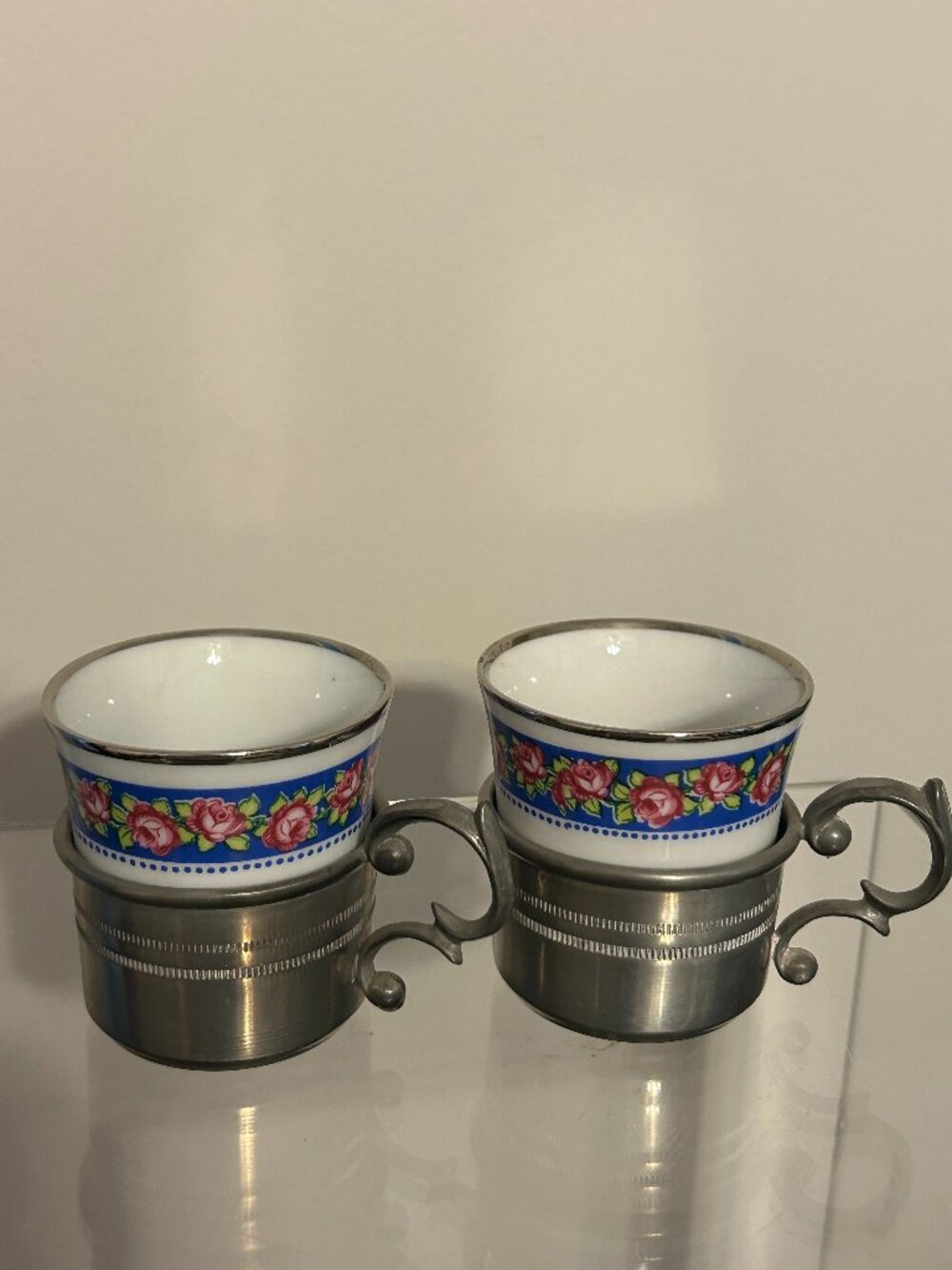 Vintage Goebel Bareuther Set of 2 Demitasse Tea/Coffee Cups w/ Pewter Holders